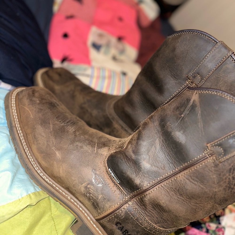 Men Carolina steel toe waterproof boots. They are brown in color and a size 13D.